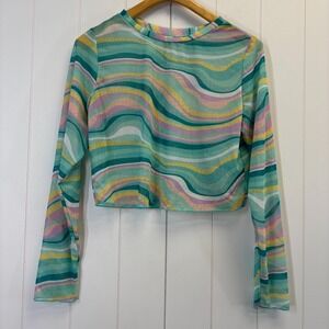 Womens Festival Groovy Striped Sheer Mesh Cropped Top Size XL Coachella Fairy